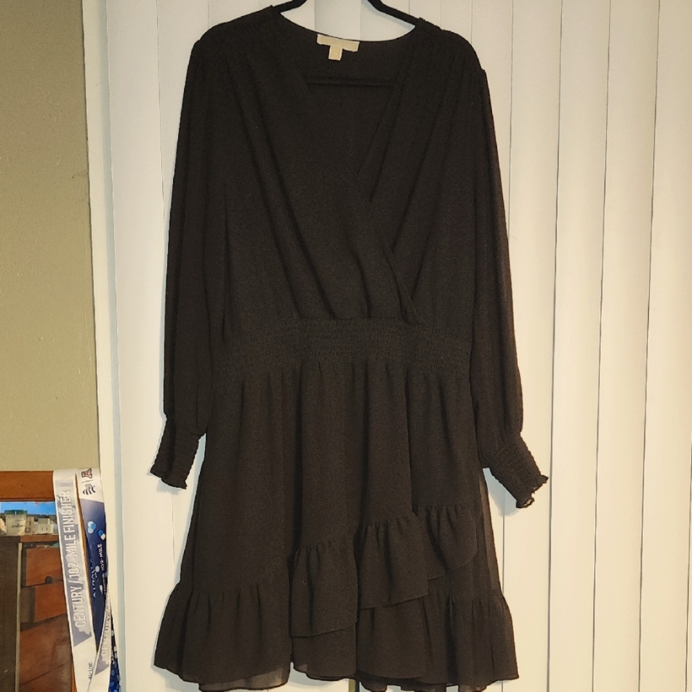 Michael Kors Black midi Ruffle Hem Dress Long Sleeves Size 2X